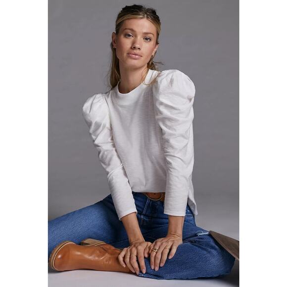 Nation LTD Zeta Puff Sleeve Snap Button Blouse Size Small Ivory Pima Cotton - Picture 1 of 15